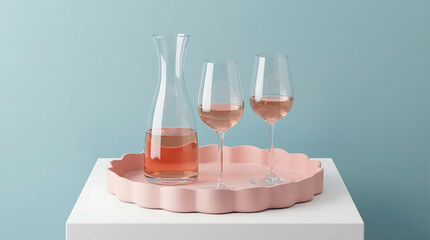 Elegant Ros&eacute; Wine Glasses and Decanter on a Scalloped Pink Tray Against a Pastel Blue Background for Summer Celebration