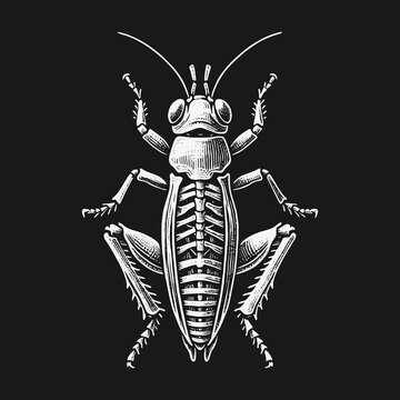 Detailed vintage cricket insect illustration in an engraving style.