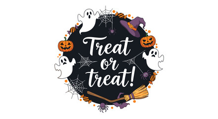 Circular Halloween composition with text treat or treat surrounded by ghosts, pumpkins, spiders, witch hats, and broomsticks.