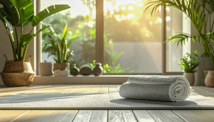 Zen Yoga Studio Interior with Exercise Mat and Rolled Towels at Bright Sunset