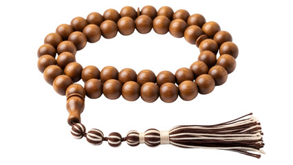 Brown wooden prayer beads on transparent background