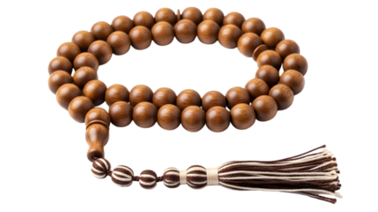 Brown wooden prayer beads on transparent background
