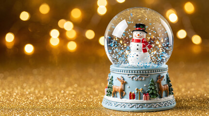 Festive Snowman Snow Globe Set Against a Sparkling Gold Glitter Background with Soft Bokeh Christmas Lights