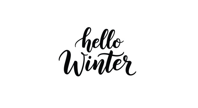 Elegant black brush calligraphy text reading hello winter on a plain white background perfect for seasonal greetings and cards.