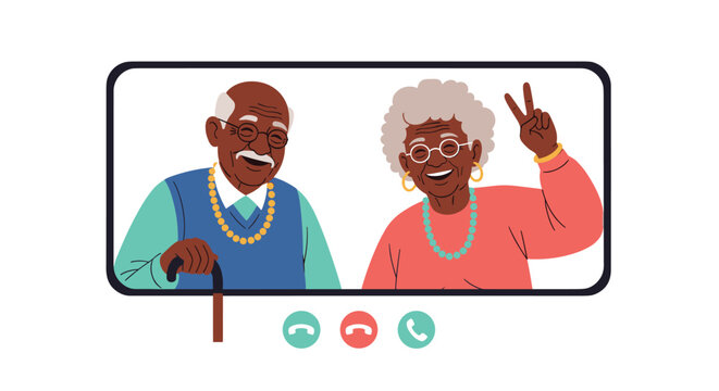 Joyful senior African American man and woman on a video call screen laughing and waving representing digital connection with family.