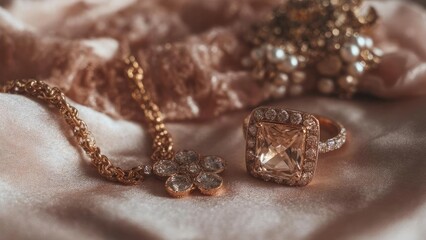 Rose-gold jewelry on satin: square-cut pink gemstone ring with a diamond halo and a diamond-studded chain. Concept Rose-gold jewelry, satin backdrop, square-cut pink gemstone, diamond halo