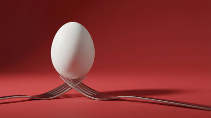 Conceptual Image of a White Egg Perfectly Balanced on Interlocking Silver Forks Against a Solid Red Background