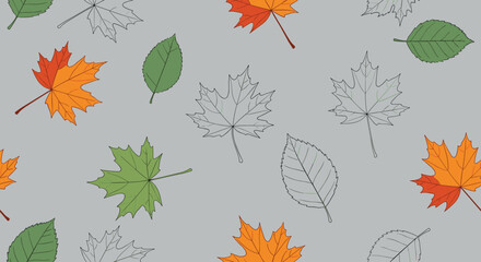 Obraz premium Seamless autumn pattern showing a variety of colorful maple and birch leaves on a neutral gray background for seasonal design.