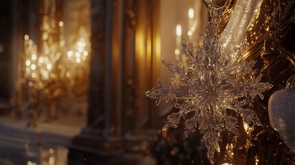 Crystal snowflake ornament, ornate palace, candlelight, winter scene, holiday card