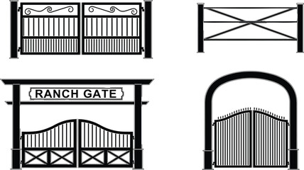 Metal ranch gate and fence silhouettes set, decorative entrance barrier designs, black iron farm gate vector illustration collection © MdMurad