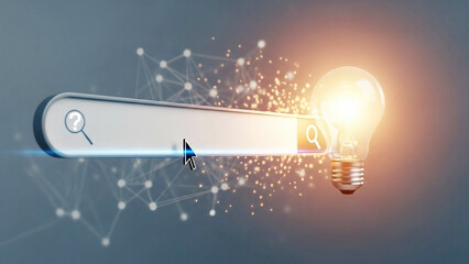 Search bar with glowing light bulb and network connections lightbulb idea