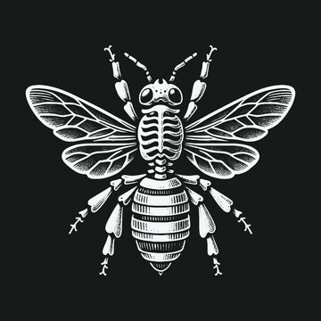 Intricate skeletal bee illustration in a vintage engraving style.