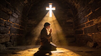 십자가빛을받으며기도하는사람