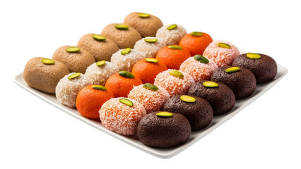 Assorted Indian sweets on a white plate on transparent background