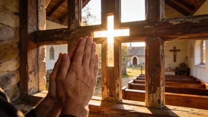 아침햇살이비치는교회에서기도하는손