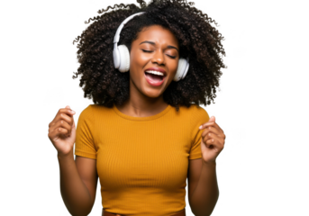 Joyful black woman with curly hair listening to music wearing headphones and singing along transparent background
