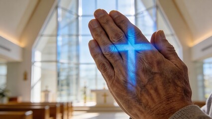 파란십자가빛과노인의기도하는손