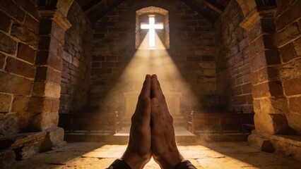 십자가빛을받으며기도하는신실한손