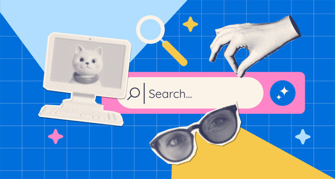 Trendy pop art search concept banner template. Halftone personal computer monitor with search bar, Cut out hand and eyeglasses. Modern retro textured vector illustration for mixed media design.