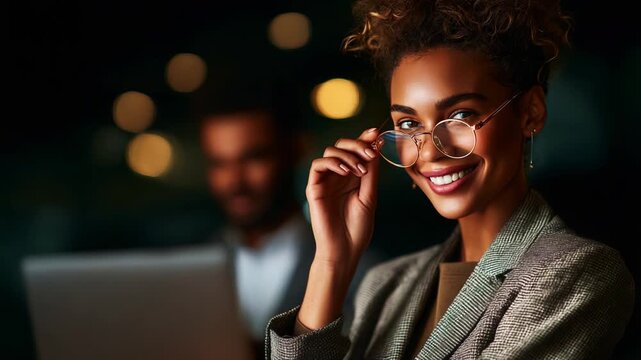 A confident young professional woman adjusting her glasses and smiling warmly, embodying charisma and sophistication in a modern, dimly lit environment complemented by soft bokeh effects in the