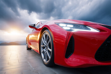 Low angle closeup of a red luxury sports car on an empty road under a stormy sky, glossy reflections and modern design, concept of supercar speed, prestige and freedom.