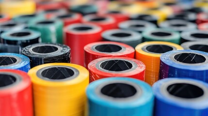 Colorful rolls of ribbon or tape close up view various bright colors