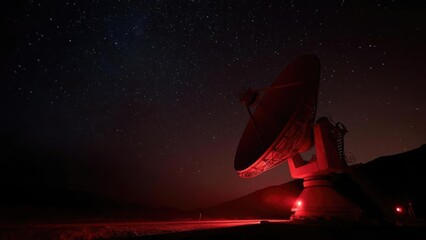 A large radio telescope dish illuminated in red, set against a starry night sky in a desert landscape. Concept Red-lit radio telescope, Desert night sky, Star-filled horizon