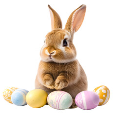 Cute Easter Bunny with Colorful Eggs Isolated PNG &ndash; Adorable Rabbit on Transparent Background