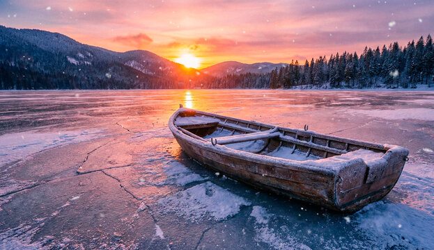 boat on the lake at winter sunrise  - Powered by Adobe