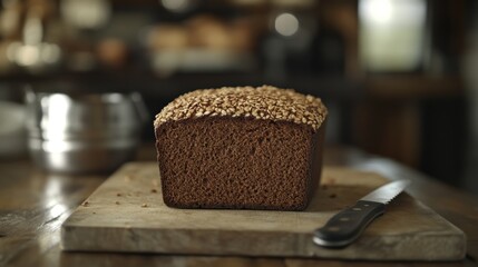 Artisan bread loaf with seeds on wooden board