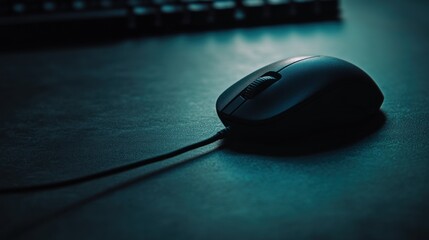 Black wired computer mouse on dark surface teal lighting