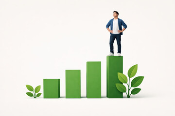 Growth success progress achievement leadership sustainability young man stand on ascending green bars with leaf conveying confident optimism for business growth and environmental