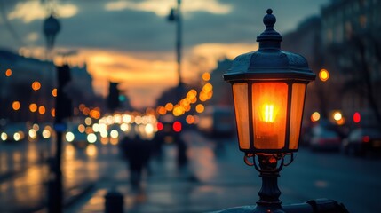 Illuminated street lamp at dusk city traffic blurred in background