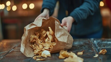 Crispy chips poured from paper bag onto wooden surface warm lighting rustic style