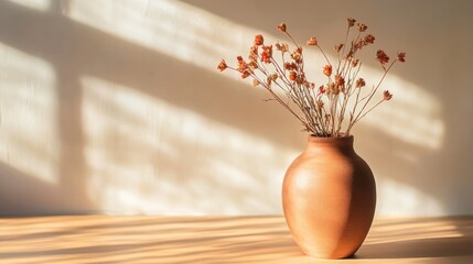 Dried flowers in terracotta vase sunlight warm tones minimalist decor