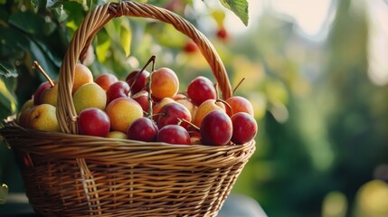 Wicker basket overflowing with ripe red and yellow plums summer harvest
