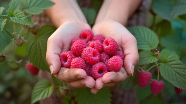 Hands Holding Fresh Raspberries in Garden.