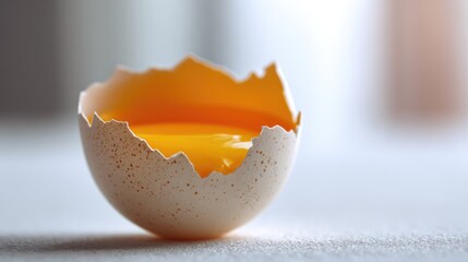 A close-up of a cracked eggshell with a bright yellow yolk visible inside. The background is softly blurred, emphasizing the egg.