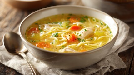 A bowl of chicken noodle soup with vegetables, including carrots and herbs, served on a wooden table. The soup is steaming and inviting.