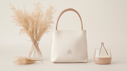 Cream tote bag with dried flowers minimalist product photography