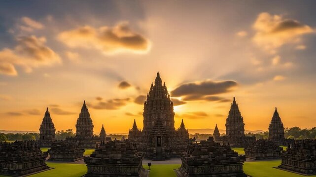 Majestic Prambanan Temple at Sunset - A Stunning Architectural Marvel.