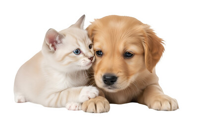 Naklejka premium Adorable kitten cuddling puppy with loving expression, isolated on white or transparent background. PNG