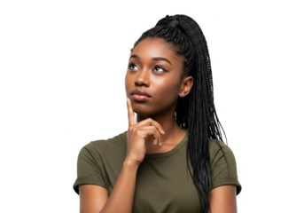Young black woman with long dark braided hair pondering a thoughtful expression transparent background