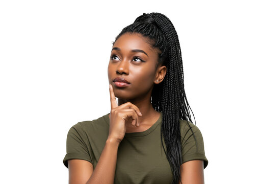 Young black woman with long dark braided hair pondering a thoughtful expression transparent background