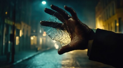 Broken glass shard in hand at night urban setting teal and gold tones