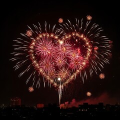 Romantic Heart Fireworks Bursting Above the City Silhouette on a Dark Night Sky, Symbolizing Love and Grand Celebration for Anniversary, Valentine's, or Holiday Events.