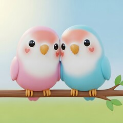 Adorable 3D Render of Pink and Blue Chubby Lovebirds Sitting Together on a Branch with Heart Cheeks | Cute Valentine's Day Romance, Sweet Kawaii Character Illustration