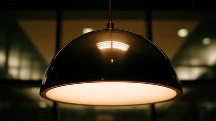 Glossy black dome pendant light hanging from the ceiling, emitting a warm glow. Concept Glossy black pendant light, Warm ambient lighting, Ceiling decor, Industrial chic fixtures