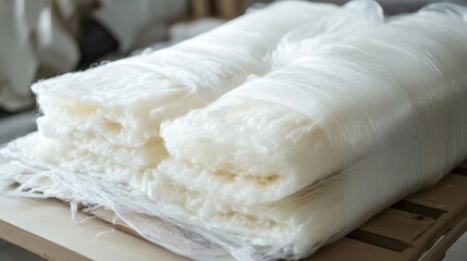 Soft white textile fibers stacked closeup view manufacturing process natural material texture