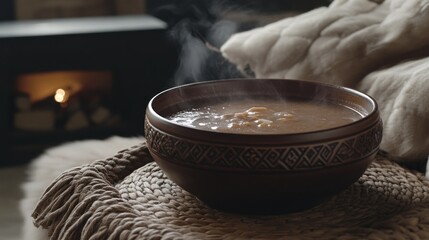 Steaming bowl of hearty soup by fireplace rustic cozy food photography